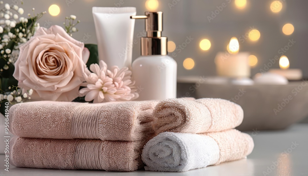 Spa essentials with towels and flowers, serene and luxurious, Cozy, Soft tones, Photograph, Relaxation Spa essentials with towels and flowers, serene and luxurious, Cozy, Soft tones, Photograph, Relaxation