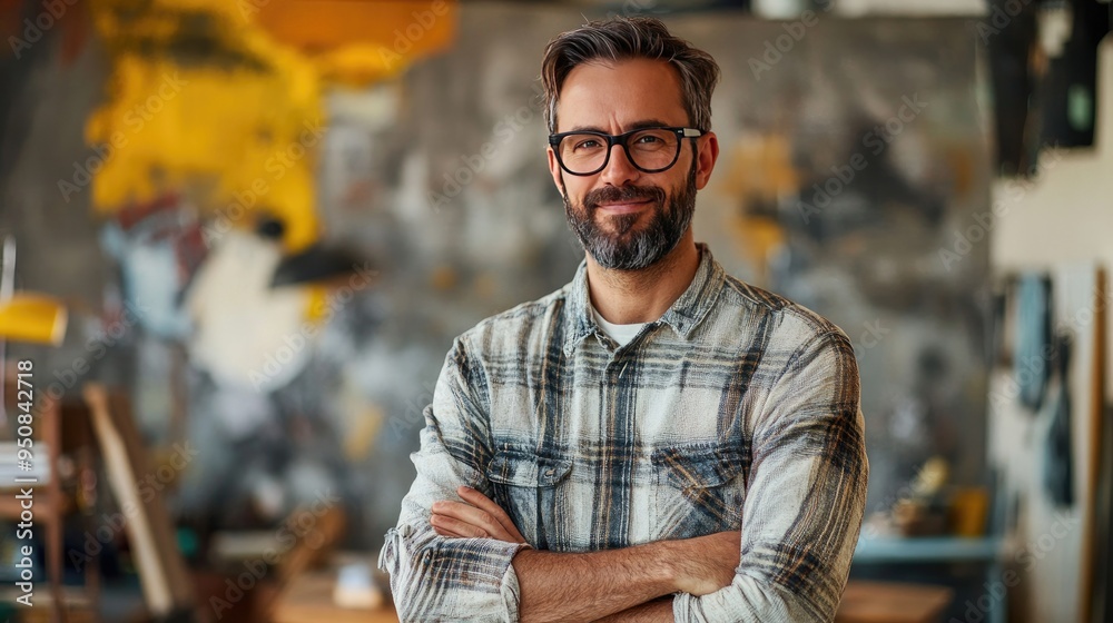 Confident Man with Glasses in Artistic Studio Confident Man with Glasses in Artistic Studio