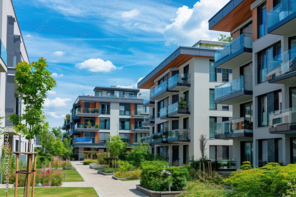 A row of apartment buildings with bright sunlight and greenery A row of apartment buildings with bright sunlight and greenery
