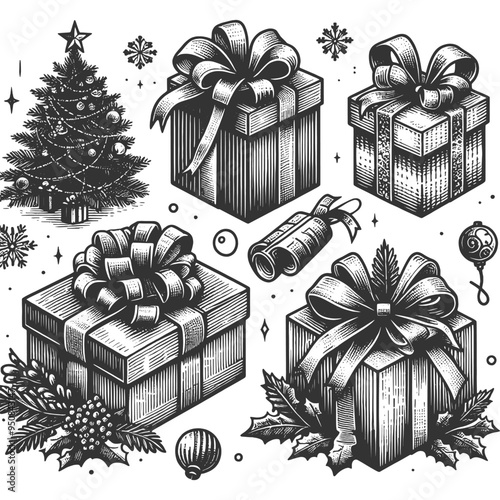 Set of Christmas gift boxes adorned with bows, holly, and festive decorations, vintage holiday theme sketch engraving generative ai vector illustration. Scratch board imitation. Black and white image.