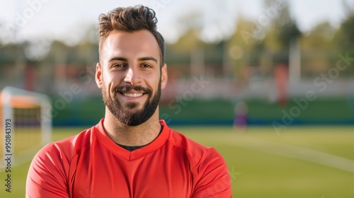 A confident male soccer player smiles warmly at the camera, showcasing his sports spirit on a sunlit field.