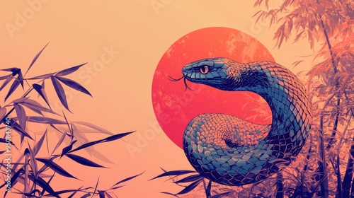 Fototapeta Naklejka Na Ścianę i Meble -  ** Blue Snake Coiled Under Red Sun in Bamboo Forest - Vibrant Surreal Illustration