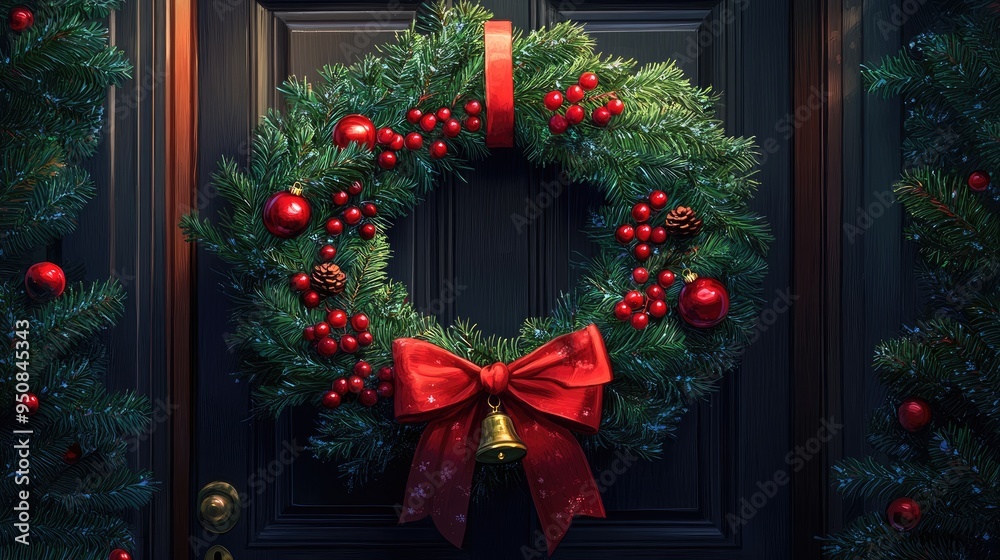 Festive Christmas Wreath on Door with Red Bow and Ornaments - Holiday Decoration Festive Christmas Wreath on Door with Red Bow and Ornaments - Holiday Decoration