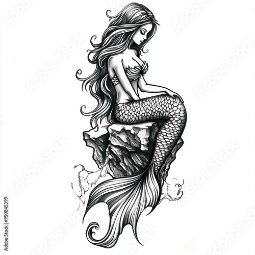 A detailed tattoo of a mermaid sitting on a rock, showcasing beauty and grace.