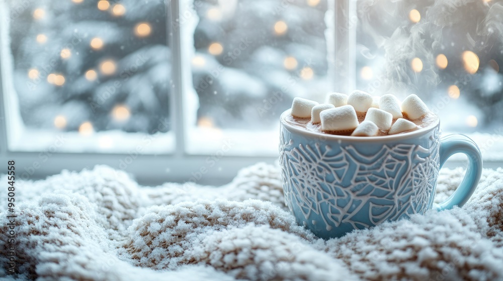 Cozy Winter Hot Chocolate with Marshmallows by Snowy Window - Festive Holiday Morning Warm Drink Cozy Winter Hot Chocolate with Marshmallows by Snowy Window - Festive Holiday Morning Warm Drink