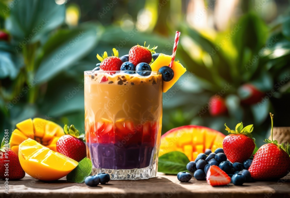 delicious iced coffee blend bright seasonal fruits including mango refreshing summer drink, strawberries, blueberries, beverage, vibrant, cold, sweet, flavors delicious iced coffee blend bright seasonal fruits including mango refreshing summer drink, strawberries, blueberries, beverage, vibrant, cold, sweet, flavors