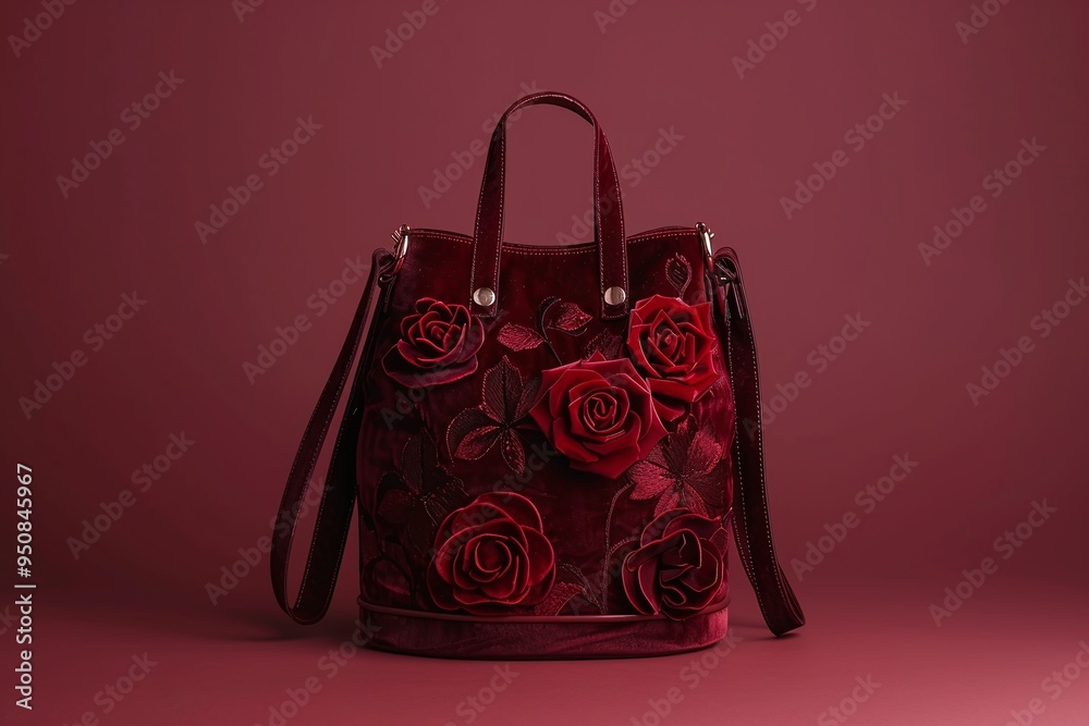 Rich burgundy velvet handbag with bold red rose accents on a matching background, perfect for luxury fashion branding, romantic product marketing, and dramatic promotional materials. Ample copy space 