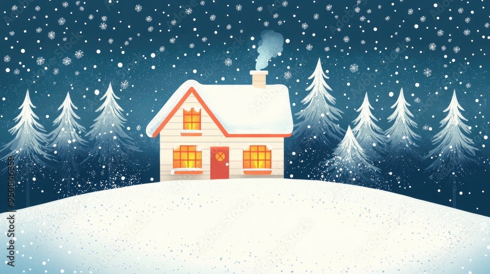 Fototapeta premium Cozy Snow-Covered Cabin at Night with Glowing Windows and Snowfall in Winter Wonderland