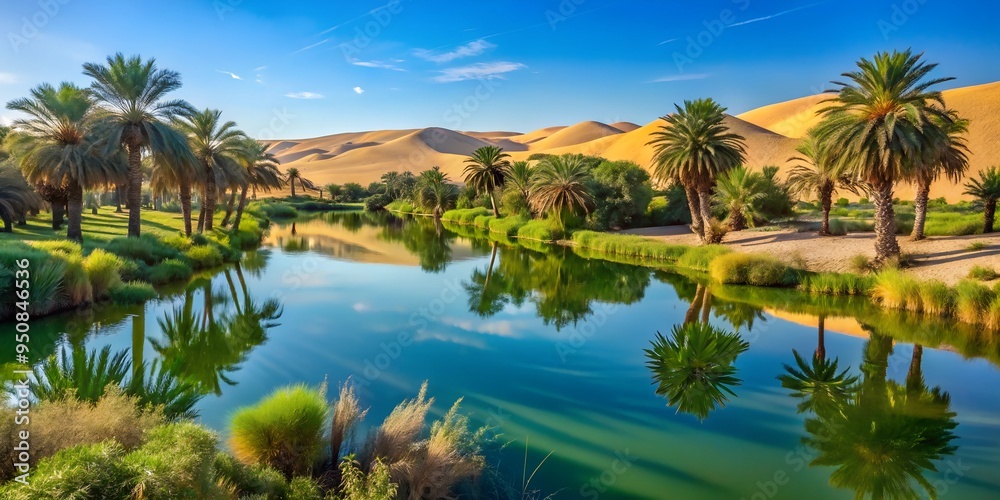 Landscape lake in the desert with palm trees summer beautiful background, wallpaper Landscape lake in the desert with palm trees summer beautiful background, wallpaper