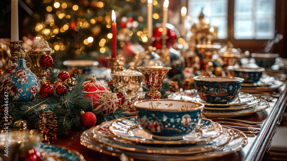 Elegant Christmas Holiday Dinner Table with Festive Decorations and Vintage China