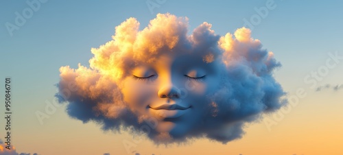 A cloud in the shape of a sleeping face emoji, with closed eyes and a serene smile photo