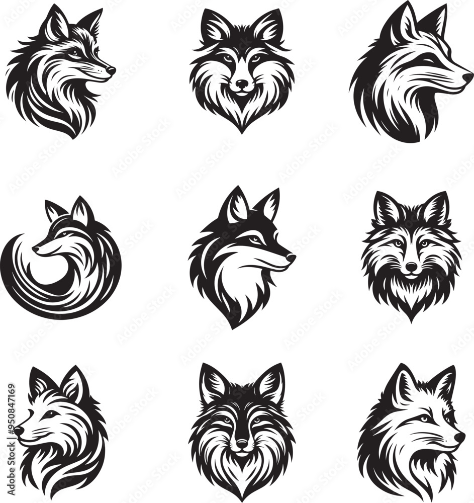 Black and white fox head silhouette design collection Black and white fox head silhouette design collection