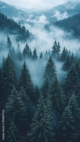 A misty forest with tall evergreen trees shrouded in fog. The landscape is tranquil and serene, creating a sense of mystery and wonder.