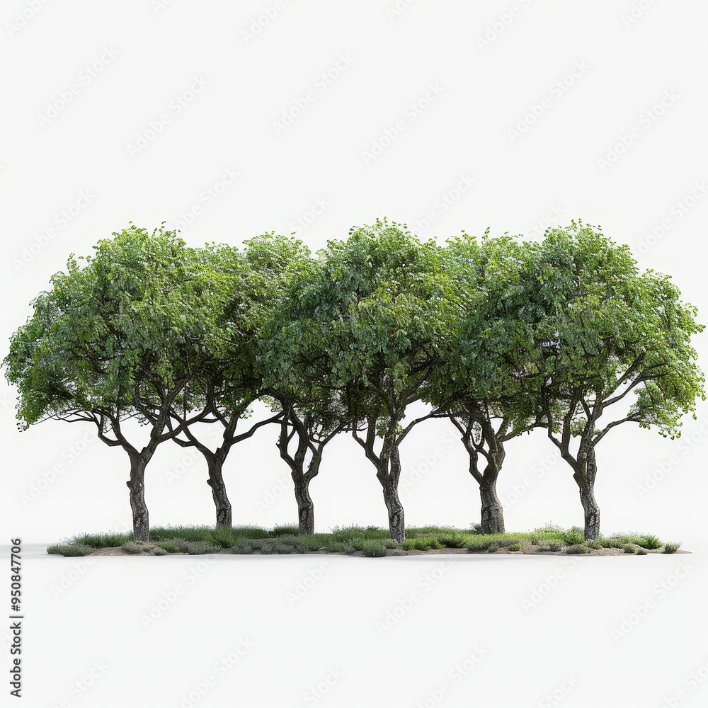 Fototapeta premium A row of trees with dense green foliage, perfect for landscaping and design projects, creating a natural and vibrant look.