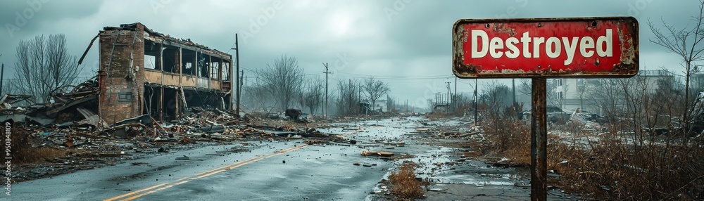 Fototapeta premium Disheartening Scene of Destruction - Sign with 