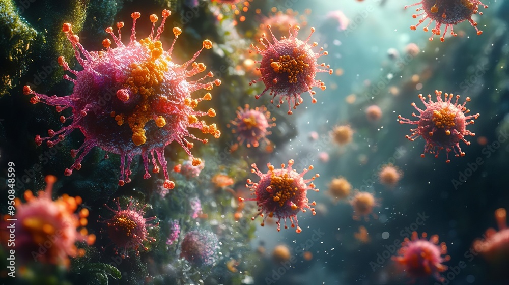 A close-up of the immune system's response to a surge in contaminant exposure, emphasizing the spread of germs and the challenges of preventing a pandemic A close-up of the immune system's response to a surge in contaminant exposure, emphasizing the spread of germs and the challenges of preventing a pandemic