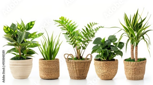 A selection of potted plants in woven baskets, featuring various green leaves, perfect for adding natural beauty to any space.