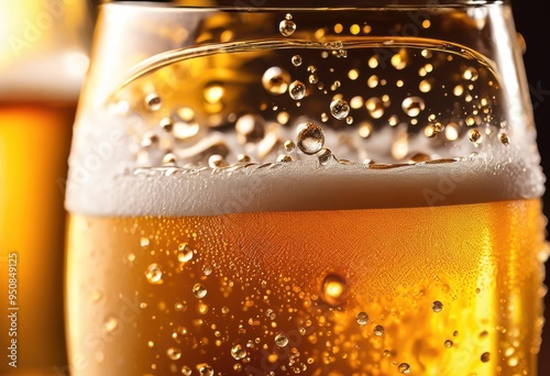 close view frosty beer bubbles refreshing condensation glass bright lighting, froth, liquid, drink, beverage, alcohol, shiny, amber, head, foam, carbonation
