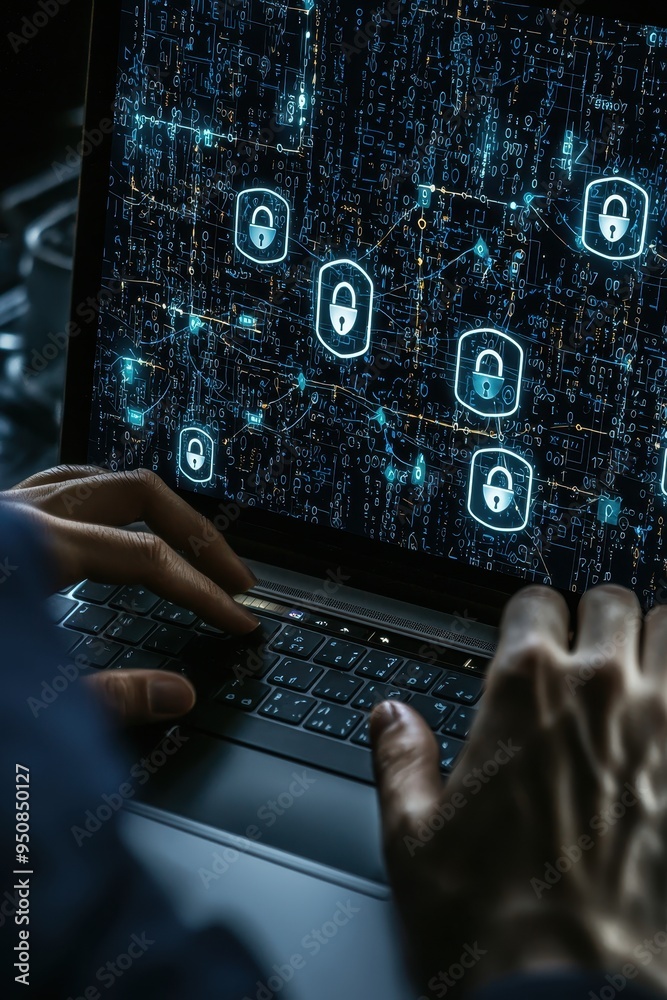 Cyber Security Data Protection Hands Typing on Laptop with Digital Lock Icons Abstract Background Cyber Security Data Protection Hands Typing on Laptop with Digital Lock Icons Abstract Background