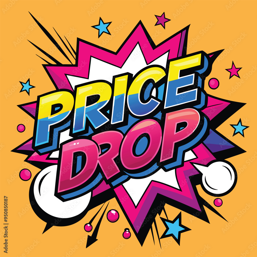 Vector Template in Comic Book-Style Illustration Featuring 'Price Drop!' in Speech Bubbles, Thunder Sign, and Bold Colors, Ideal for Retail and Online Shop Promotions Vector Template in Comic Book-Style Illustration Featuring 'Price Drop!' in Speech Bubbles, Thunder Sign, and Bold Colors, Ideal for Retail and Online Shop Promotions
