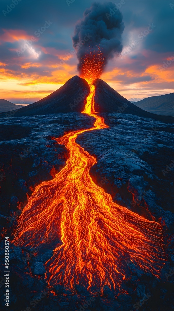 A fiery river of lava flows down the side of a volcano, creating a dramatic scene against a backdrop of a dramatic sunset. A fiery river of lava flows down the side of a volcano, creating a dramatic scene against a backdrop of a dramatic sunset.