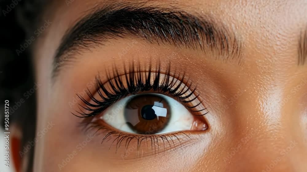 Woman's eyes after classic 2d volume eyelash extensions and eyebrow correction. Natural beauty. Cosmetology and skin care, makeup and cosmetic concept. Closeup video Woman's eyes after classic 2d volume eyelash extensions and eyebrow correction. Natural beauty. Cosmetology and skin care, makeup and cosmetic concept. Closeup video