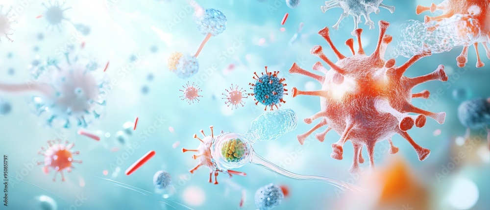 A detailed visual of the immune system's response to exposure to a harmful germ, highlighting the surge in contaminants and the potential for a pandemic A detailed visual of the immune system's response to exposure to a harmful germ, highlighting the surge in contaminants and the potential for a pandemic
