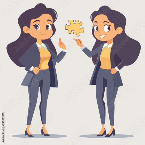 Business woman character set. The girl makes a helpless gesture, sorry, a superhero, holds a puzzle in her hands


