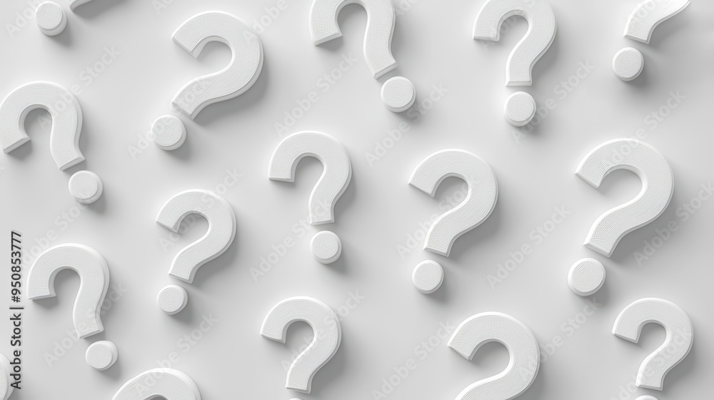 White question marks on a white background symbolize the hidden uncertainty and the need to find answers White question marks on a white background symbolize the hidden uncertainty and the need to find answers