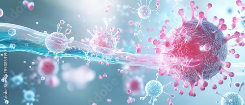 A highly detailed image of a microscopic view showing a surge in the number of contaminants surrounding a healthy cell as the body s immunity attempts to fend off the invading germ