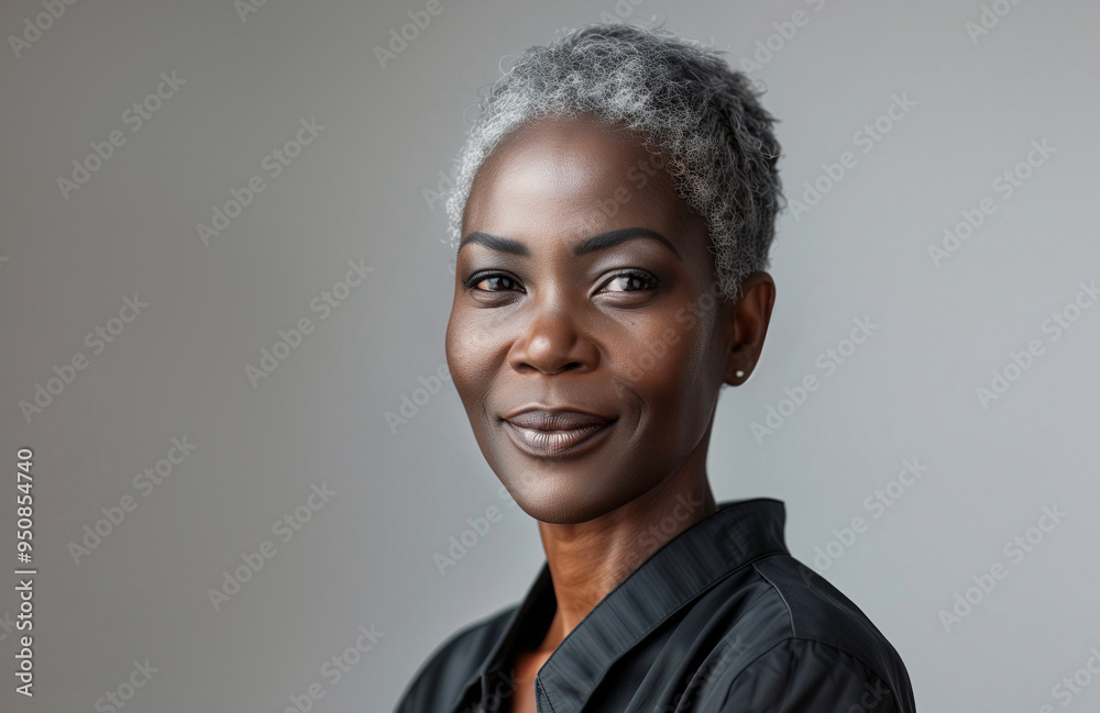 Natural beauty portrait of serene and elegant mature African woman with grey hair. Female slightly smiling. Light background studio shot. Natural female beauty and fascinating aging concept. Natural beauty portrait of serene and elegant mature African woman with grey hair. Female slightly smiling. Light background studio shot. Natural female beauty and fascinating aging concept.