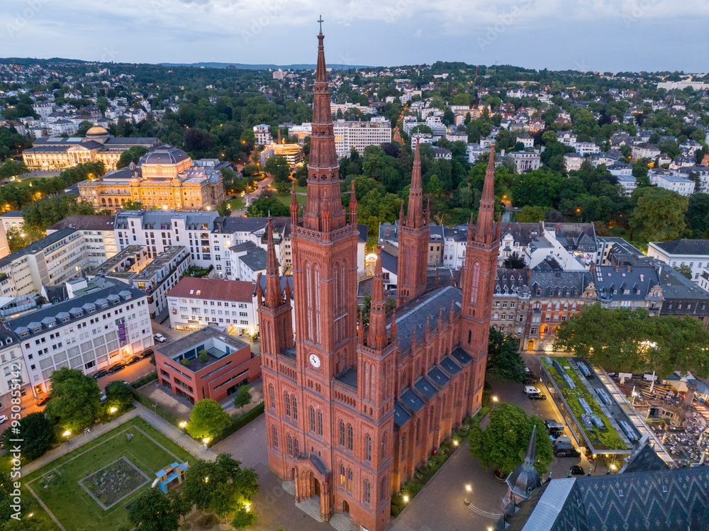 Aerial Drone Shot of Cathedral at Marktkirche in Wiesbaden, Germany. Old town and the city center at Evening Twilight.