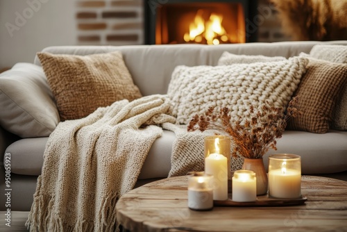 A cozy living room interior, warm fireplace with flickering flames, comfortable sofa with plush cushions and knitted blanket, candles on rustic wooden table, dried bouquet of flowers, inviting ambianc