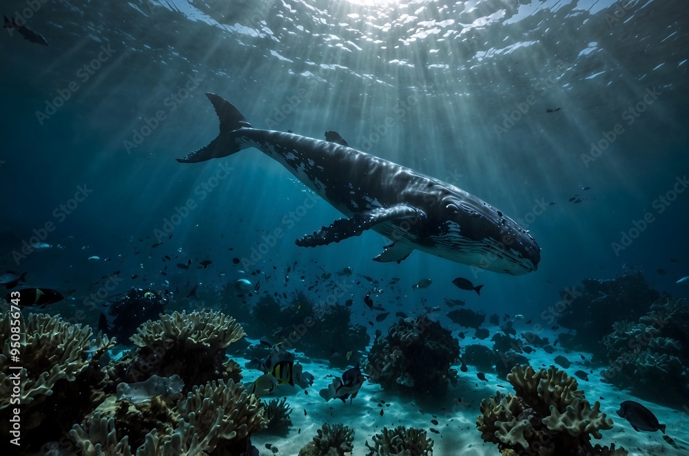 Fototapeta premium A blue whale in the ocean.Underwater view.