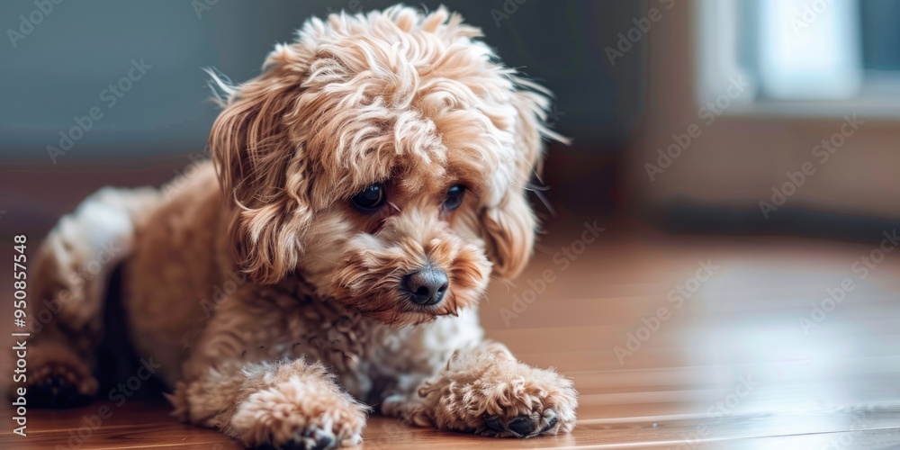 Sad small beige dog sitting and looking furry Sad small beige dog sitting and looking furry
