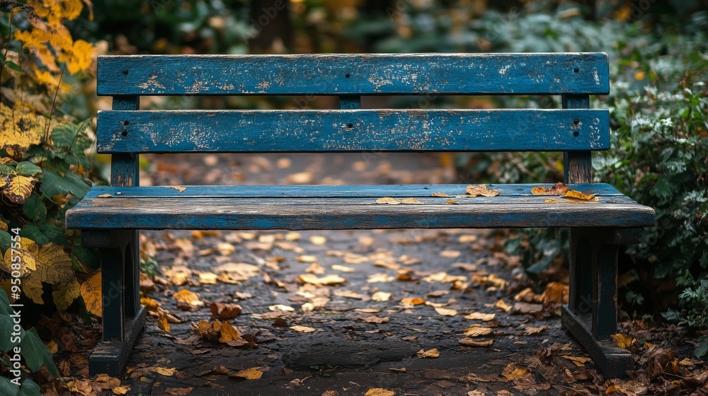 A Serene Park Scene with a Blue Bench and Autumn Leaves A Serene Park Scene with a Blue Bench and Autumn Leaves