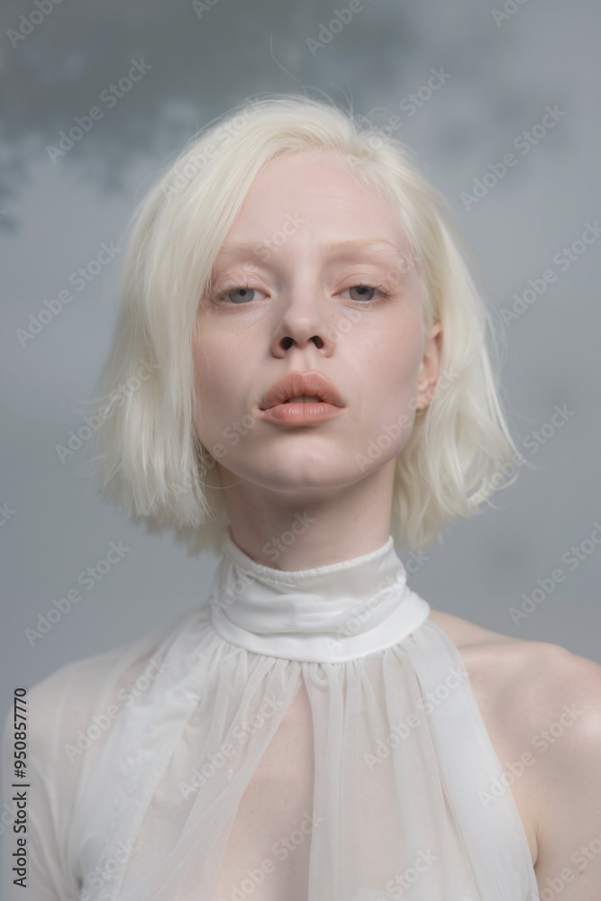 Close-up Portrait of a Young Pretty Albino Girl with white hair and blue eyes and white dress Close-up Portrait of a Young Pretty Albino Girl with white hair and blue eyes and white dress