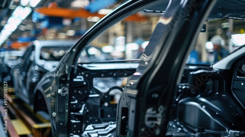 Car body moving through assembly line in modern car factory