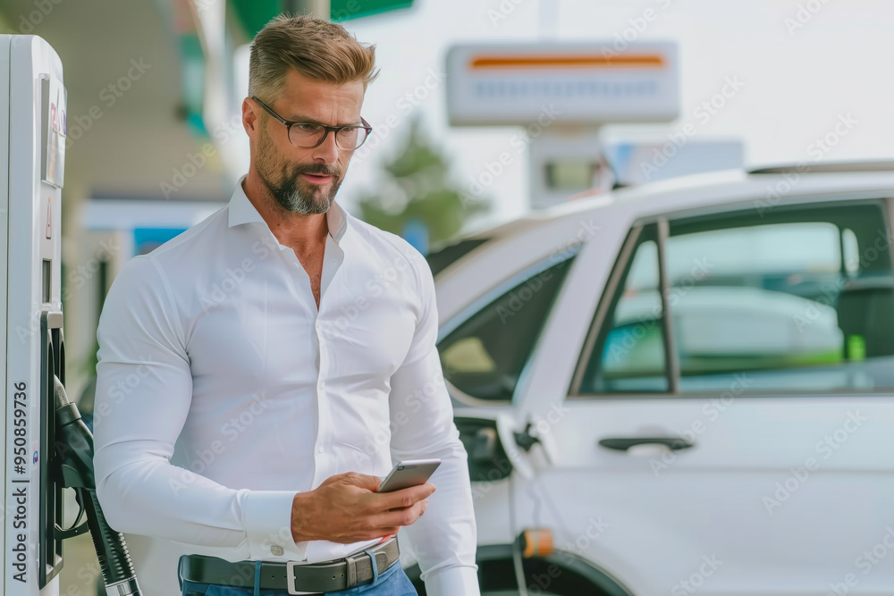 Fototapeta premium A man in a white shirt is looking at his cell phone while is near to a car