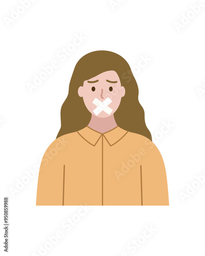 Woman with tape on mouth. Sad silent girl. Communication, forbidden, censorship, speech, freedom, expression concept. Flat vector character design isolated illustration on white background.
