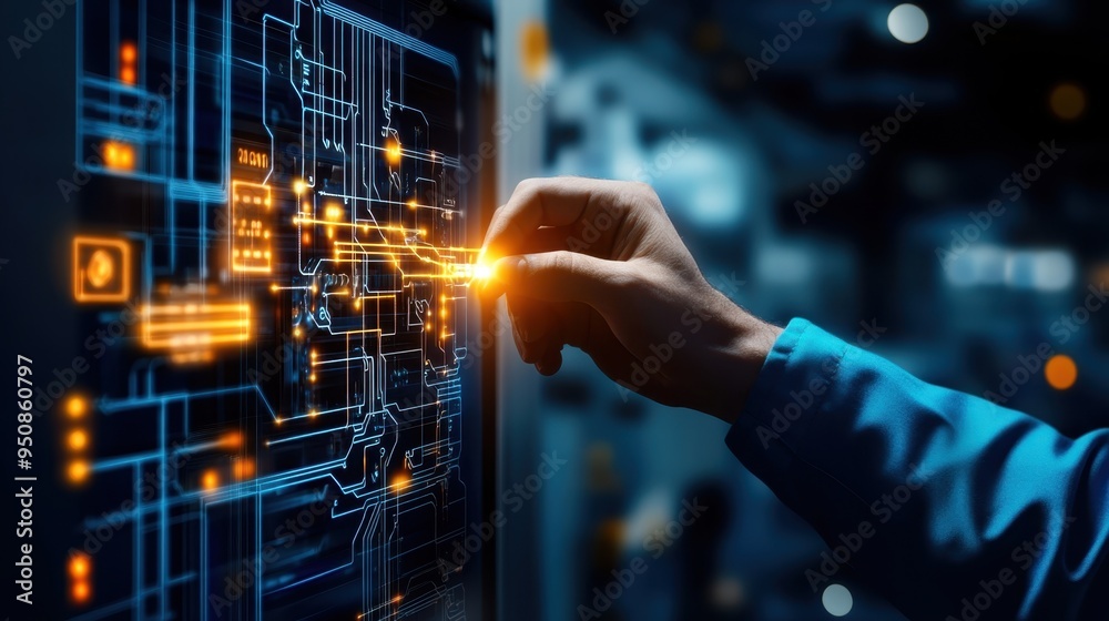 Mastering the Future: Electrician Utilizing AI Tools for Precision Diagnosis of Electricity Control System with Copy Space Mastering the Future: Electrician Utilizing AI Tools for Precision Diagnosis of Electricity Control System with Copy Space