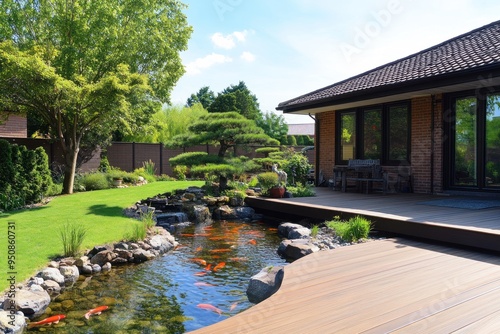 A backyard featuring a wooden deck, a koi pond with a stone edge and water feature