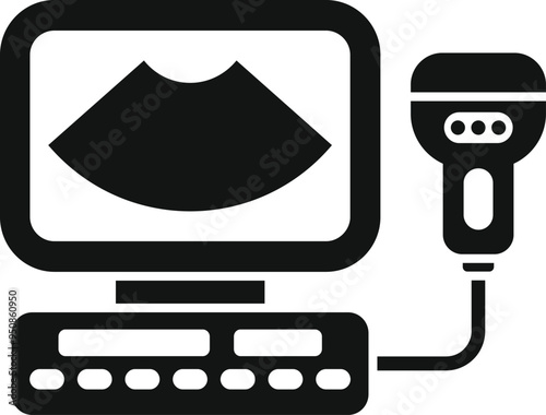 Black and white vector icon of an ultrasound machine displaying a baby scan