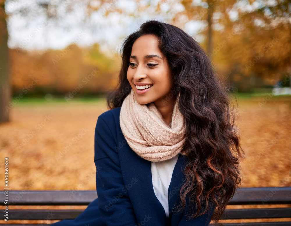 Happy Woman's Autumn Portrait: Outdoor Headshot with Smiling Expression and Copyspace