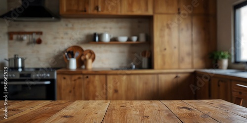 Modern kitchen made of natural wood.The table is in the foreground. A place for labels, kitchen sets and groceries.