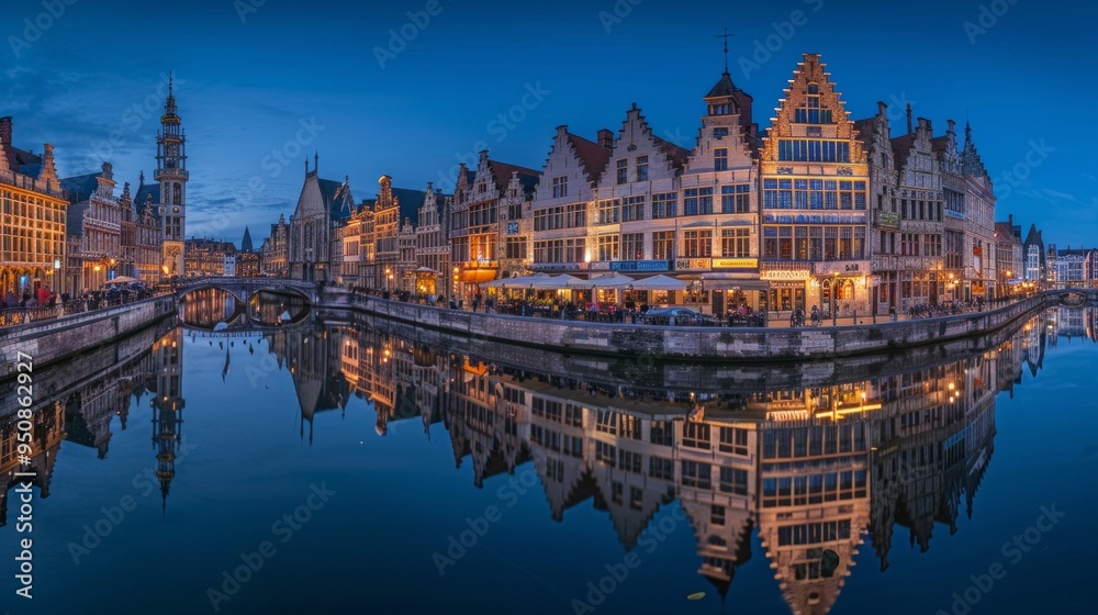 Obraz premium Stunning sunset view of historic buildings along a calm river. Charming architecture reflects on the water. A picturesque scene capturing the beauty of city life. AI.