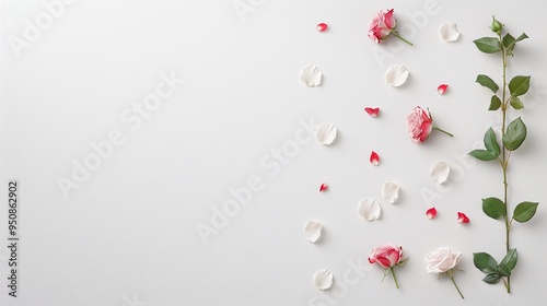 Minimalistic floral composition with scattered red and white rose petals on white background with copy space for text. Ideal for wedding banners, invitations, or social media marketing. 