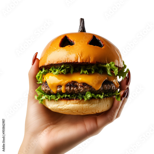 Perfect fast food halloween burger held by woman’s hand for halloween party photo, Isolated on Transparent Background, PNG