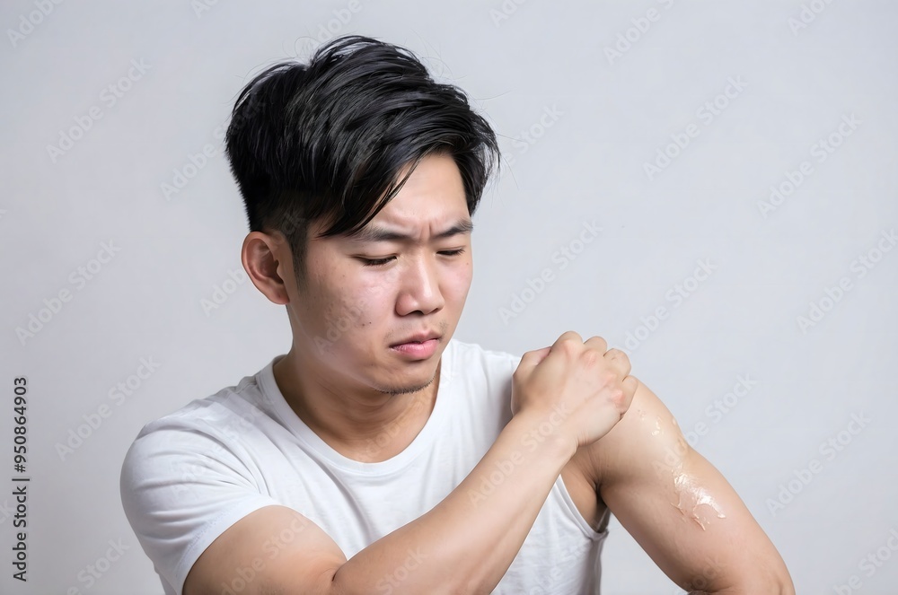 A young man of Asian appearance gets vaccinated against smallpox.