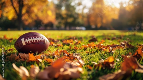 A brown leather football sits on a green grassy field with scattered fall leaves in the foreground. The background is a blurred image of a park with trees with golden leaves.